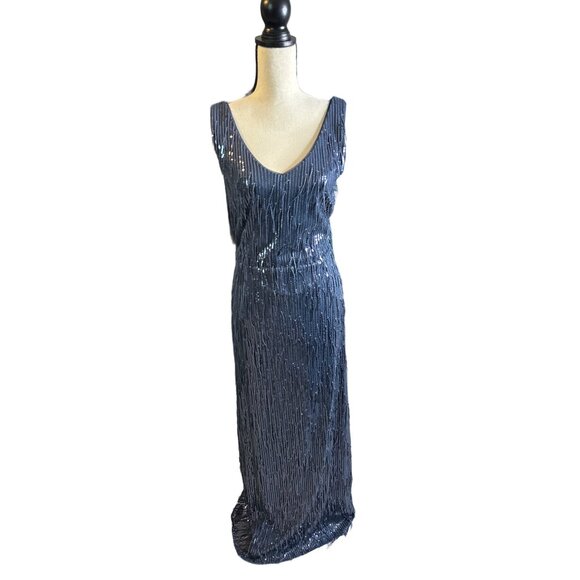 R&M Richards Blue Sequin Maxi Dress NEW V Neck Fringe Open Back Stretchy Size 14 - Picture 2 of 9